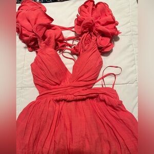This is a pink/coral dress with ruffled sleeves, and a tie open back.